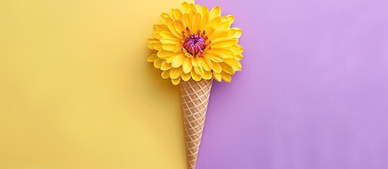 Poster - Chrysanthemum flower in a waffle cone displayed on a colorful purple and yellow background in a top-down flat lay style with copy space image.
