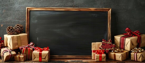 Aufkleber - Blackboard positioned near festive gift boxes with empty space for writing or displaying, ideal for customization or greetings. image with copy space
