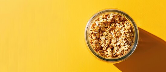 Aufkleber - Aesthetic oat granola in a glass jar on champagne yellow background, with beautiful shadows for a healthy breakfast concept, featuring copy space image.