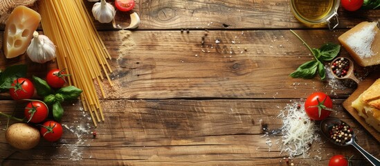Poster - Cooking concept featuring Italian food ingredients on a wooden table with copy space image.