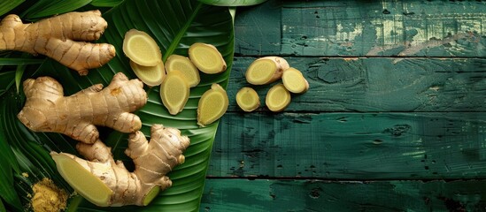 Aufkleber - Asian herb concept with fresh ginger root and slices placed on a green leaf backdrop on a wooden table, allowing for copy space image.