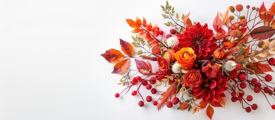 Poster - Fall arrangement of flowers, leaves, and berries on a white backdrop, ideal for Thanksgiving or other holidays, in a flat lay style with copy space image.