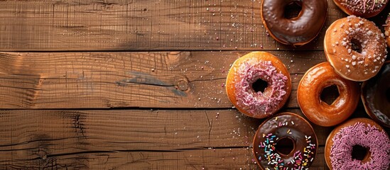 Poster - Donuts arranged on a wooden backdrop with space for adding text or elements in the picture - copy space image.