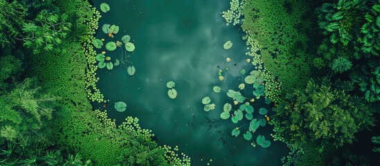 An aerial perspective shows a lake adorned with lush plant life forming a green tapestry, with a single boat path. Among the water surface are floating lily pads and aquatic plants, providing copy