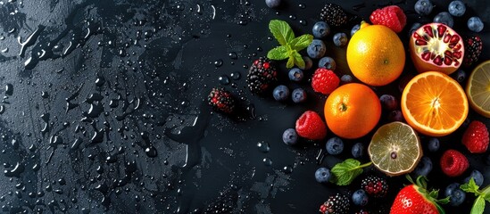 Poster - Exotic fruits with water droplets on black slate table for drink recipe mockup, featuring copy space image.