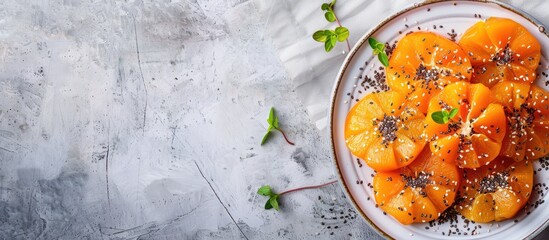 Poster - Flat lay of a tasty dessert featuring persimmon and chia seeds on a table with ample space for text alongside the image.