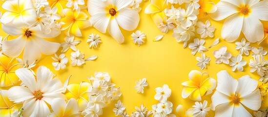 Poster - Blooming concept featuring white and yellow flowers on a colorful paper background, presenting a flat lay with copy space image.