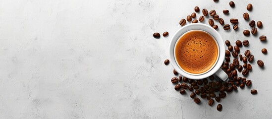 Poster - Espresso cup on rustic table with coffee beans and copy space image, as well as an espresso cup on a white background.