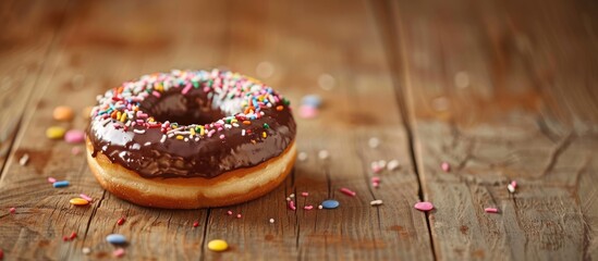 Poster - Chocolate glazed doughnut with sprinkles on a wooden table, featuring copy space image.