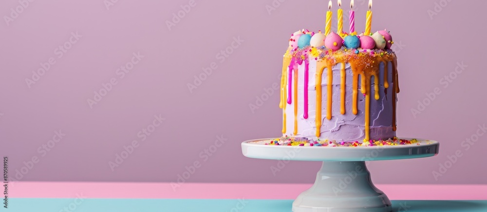 Colorful birthday drip cake with fun decorations on a purple background ...