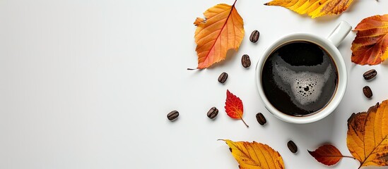 Poster - Coffee cup with autumn leaves next to it on white background, providing empty space for text or images. image with copy space