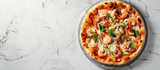 Poster - Flat lay of delectable seafood pizza on a light grey marble surface with ample copy space for text in the image.
