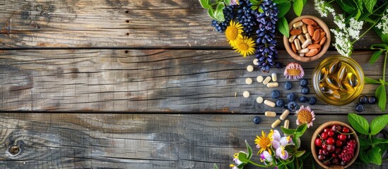 Poster - An image with copy space showing herbal medicine, vitamins, and antioxidants arranged on a wooden table, conveying a concept of health and wellness.