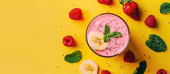 Aufkleber - Colorful summer treat: a banana-strawberry smoothie embellished with mint leaves on a yellow backdrop, showcasing creativity in healthy eating. Flat lay with copy space image.