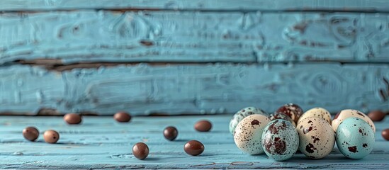 Poster - Chocolate quail eggs displayed on blue wooden boards with a backdrop suitable for copy space image.