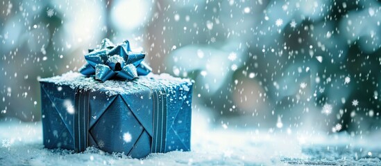 Aufkleber - Blue-wrapped Christmas gift box with copy space image, featuring a toned effect and falling snow.