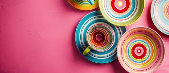 Poster - Colorful plates and mugs with a striped design on a pink background, providing a vibrant and eye-catching copy space image.
