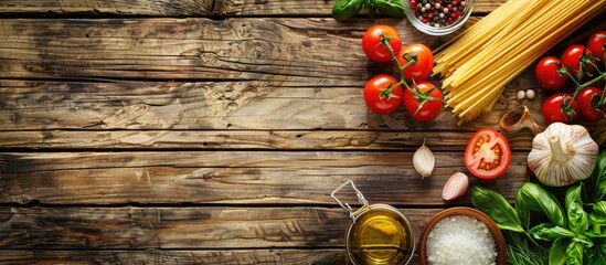 Poster - Cooking concept featuring Italian food ingredients on a wooden table with copy space image.
