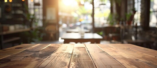 Fototapete - Blurry cafe background with an empty desktop, ideal for montage concept with copy space image.