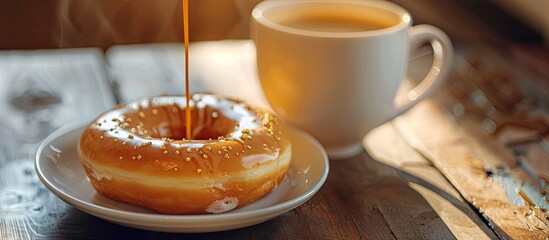 Poster - Dunking a sweet donut into a cup of coffee creates a cozy morning ritual with a delightful taste, perfect for capturing in a copy space image.