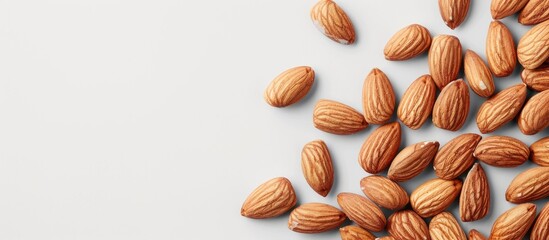 Poster - Almonds neatly peeled, displayed on white backdrop with copy space image.