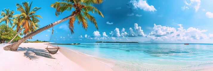 Canvas Print - Tropical beach panorama as summer relax landscape with beach swing or hammock hang on palm tree over white sand ocean beach