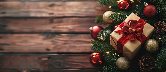 Poster - Festive Christmas tree decorated with ornaments and a gift box on a rustic wooden backdrop, with space for additional images.
