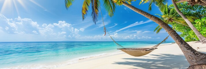 Poster - Tropical beach panorama as summer relax landscape with beach swing or hammock hang on palm tree over white sand ocean beach