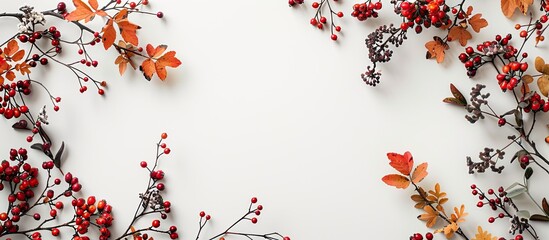 Poster - Autumn-themed arrangement with berries forming a frame on a white background. Perfect for fall, featuring a flat lay and top view with ample copy space image.