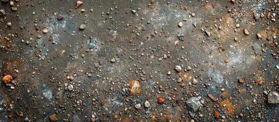 Fototapete - An aged, gritty gray concrete surface adorned with various small colored pebbles and soil, creating an abstract textured brown backdrop with ample copy space image.