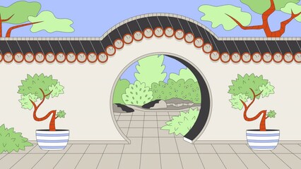 Poster - Chinese garden moon gate line cartoon animation. Tourist attraction 4K video motion graphic. Traditional architectural arch at China 2D linear animated cityscape on bonsai pots entrance background