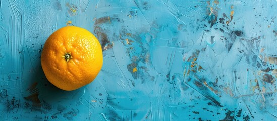 Poster - Copy space image of a vibrant orange on a textured blue backdrop, embodying a creative summer concept with a minimalist pop art design showcasing citrus fruits.