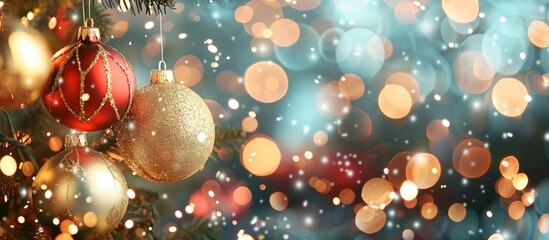Fototapete - Festive Christmas decorations with a blurred Bokeh background in a copy space image.