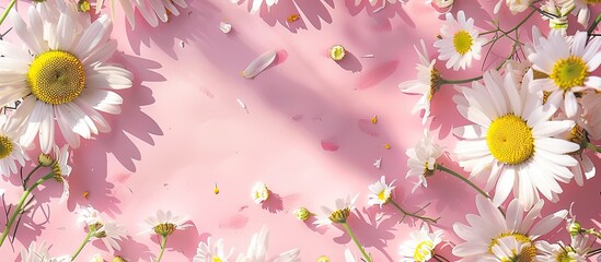 Poster - Chamomile flowers in a circular frame on a pink backdrop with white daisies and yellow centers, ideal for spring or summer themes, with room for text. image with copy space