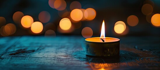 Poster - Candle burning brightly against a dark backdrop with copy space image, evoking feelings of sorrow.