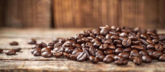 Poster - Close-up view of a pile of coffee beans against a wooden backdrop with room for text in the picture. image with copy space