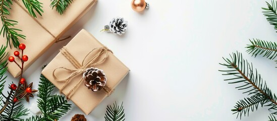 Poster - Festive Christmas arrangement featuring a gift box, miniature tree, DIY decorations, and branches on a white backdrop. Ideal for New Year home decor with a flat lay layout offering ample copy space