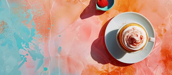 Poster - Enjoying coffee with dessert on a table with a vibrant copy space image.