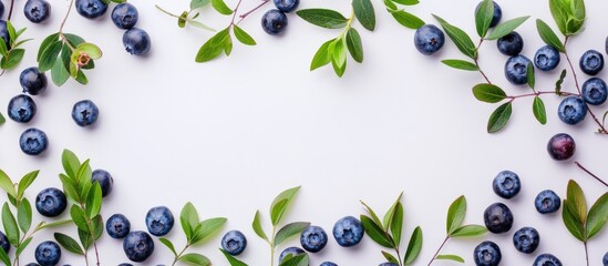 Poster - An aerial view of blueberries and foliage with a white backdrop, offering plenty of copy space image potential.