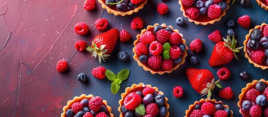 Poster - Colorful background enhances the sweet berry tartlets in the copy space image.