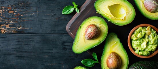 Poster - Close-up top view of half and whole avocadoes with guacamole sauce, set on a dark wood background, leaving copy space in the image.