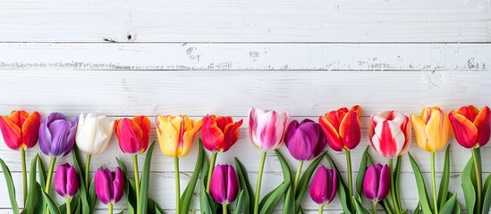 Poster - Colorful tulip flowers forming a frame on a white wooden background for a holiday spring theme with a greeting card suitable for Valentine's Day, Women's Day, and Mother's Day, has ample copy space