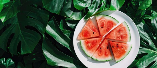 Poster - An overhead view of watermelon slices on a white plate next to a green leafy plant outdoors, with room for text in the image. image with copy space