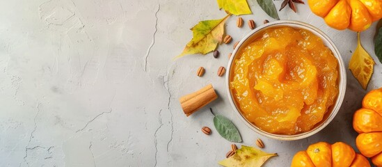 Poster - Flat lay image of a bowl with scrumptious pumpkin jam and ingredients on tile surface, with room for text in the copy space image.