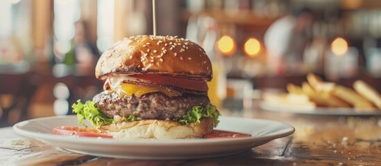 Poster - Close-up view of a homemade hamburger on a white plate with copy space image.