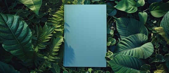 Aufkleber - An empty blue paper rests on lush greenery in a natural setting, providing ample space for adding an image.