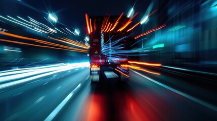 Poster - Truck car moving on road at night. Motion blur, light trails. Transportation, transport logistic concept