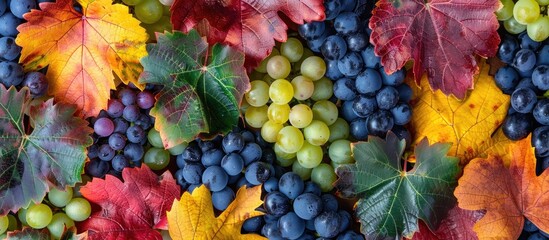 Poster - close-up of various colored wild grapes with leaves in green, orange, yellow, and red, alongside dar