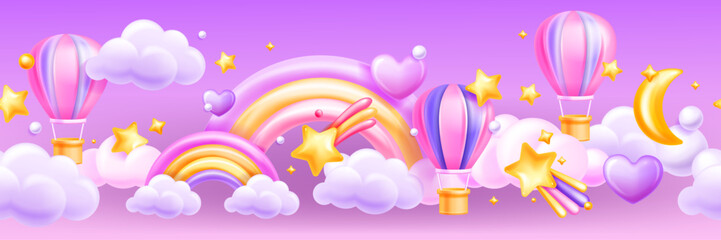 3D seamless sky border, vector kids clouds rainbow frame, baby fantasy bedroom poster, stars, heart. Cute cartoon air balloons, magic night dream banner, children decoration. 3D sky sleep wallpaper