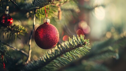 Close-up of a red Christmas ornament hanging on a tree branch, capturing the festive holiday spirit.